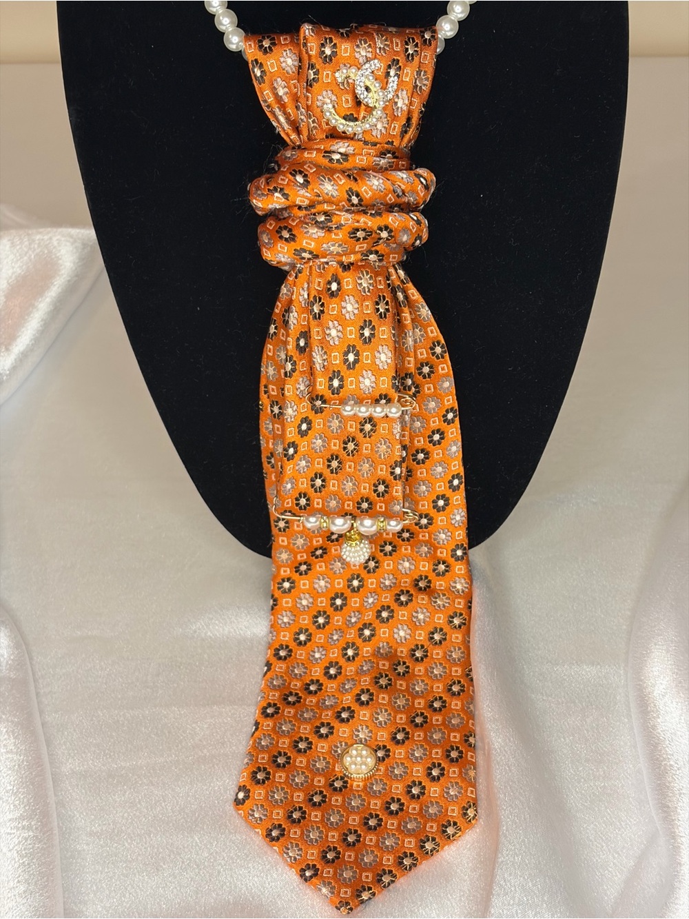Orange Floral Satin Scarf Necklace with Pearl Accents